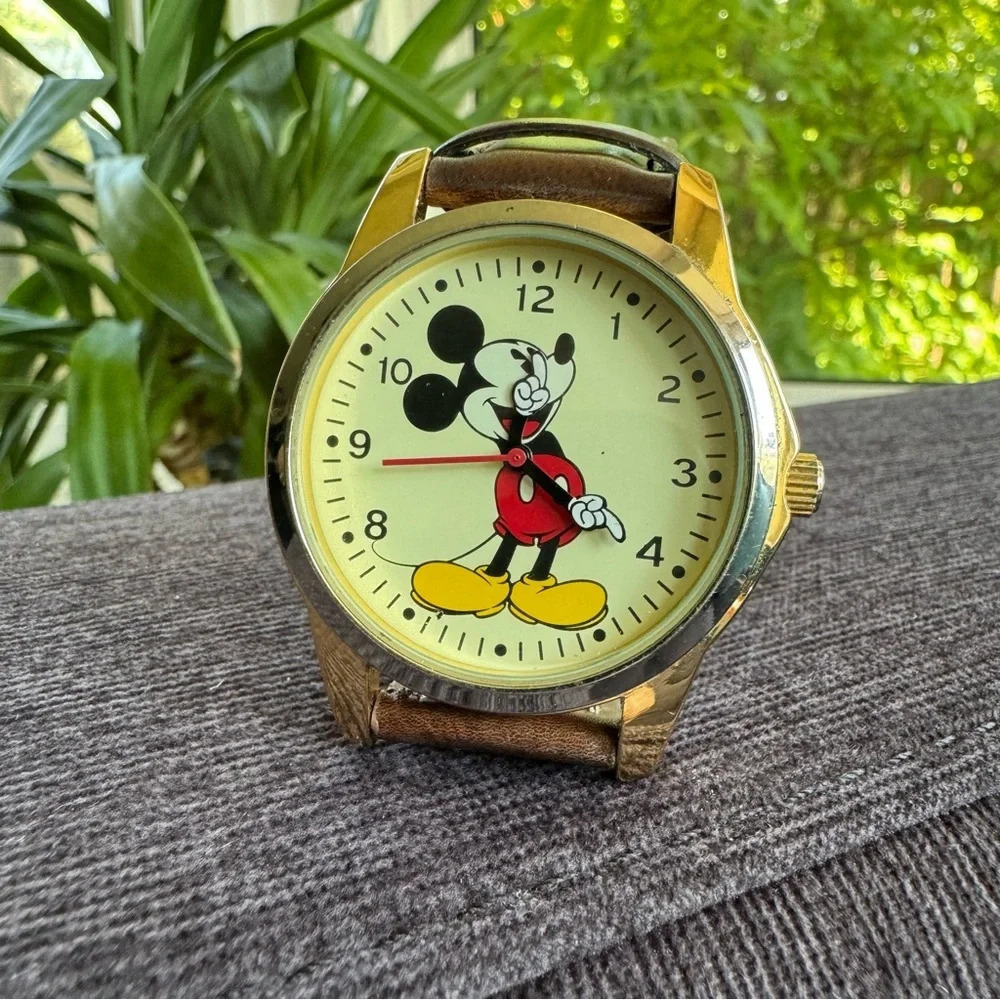 Vintage Mickey Mouse Disney Wide Face Analog Watch with Brown Leather Band